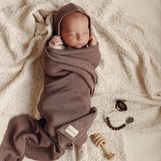 Organic Baby Blanket + Hat Gift Set for Boys - 100% Soft Luxury Cotton Receiving Swaddle Blanket + Bonnett Registry for Newborns & Infants (Powder Blue + Hat)