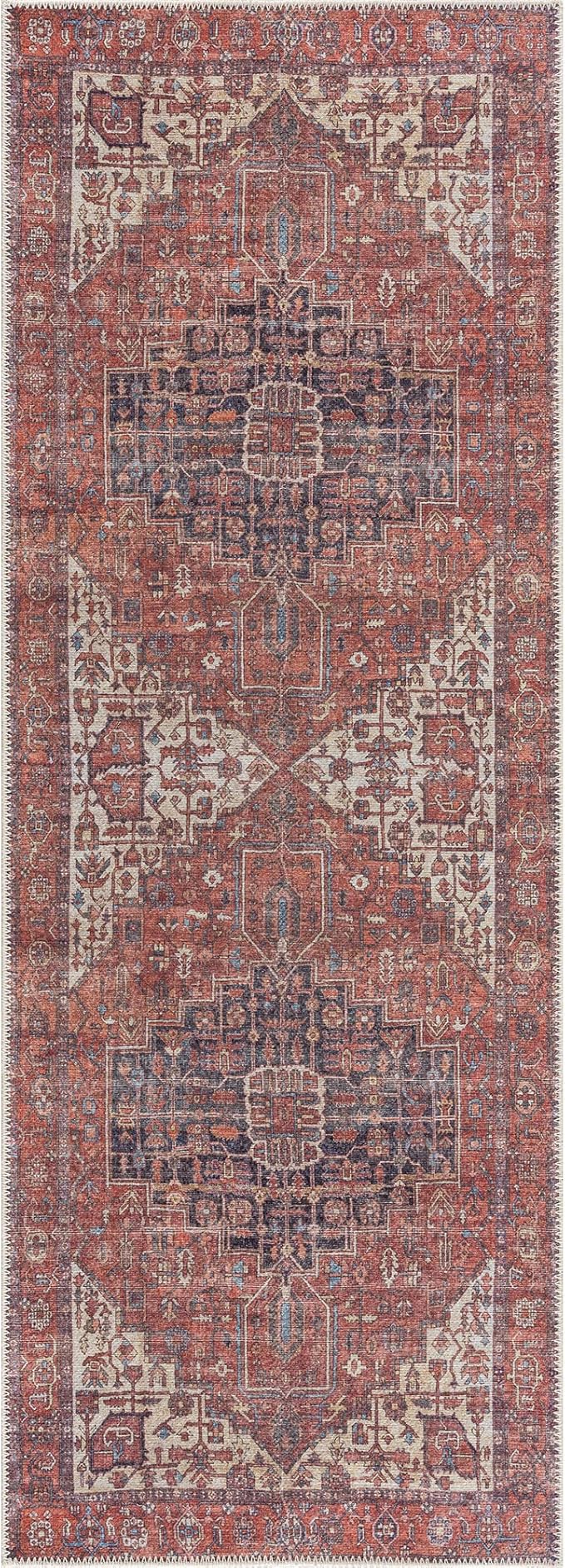 Bloom Rugs Washable 12 ft Runner - Red/Orange/Beige Traditional Runner for Entryway, Hallway, Bathroom, and Kitchen - Exact Size: 2.5' x 12'