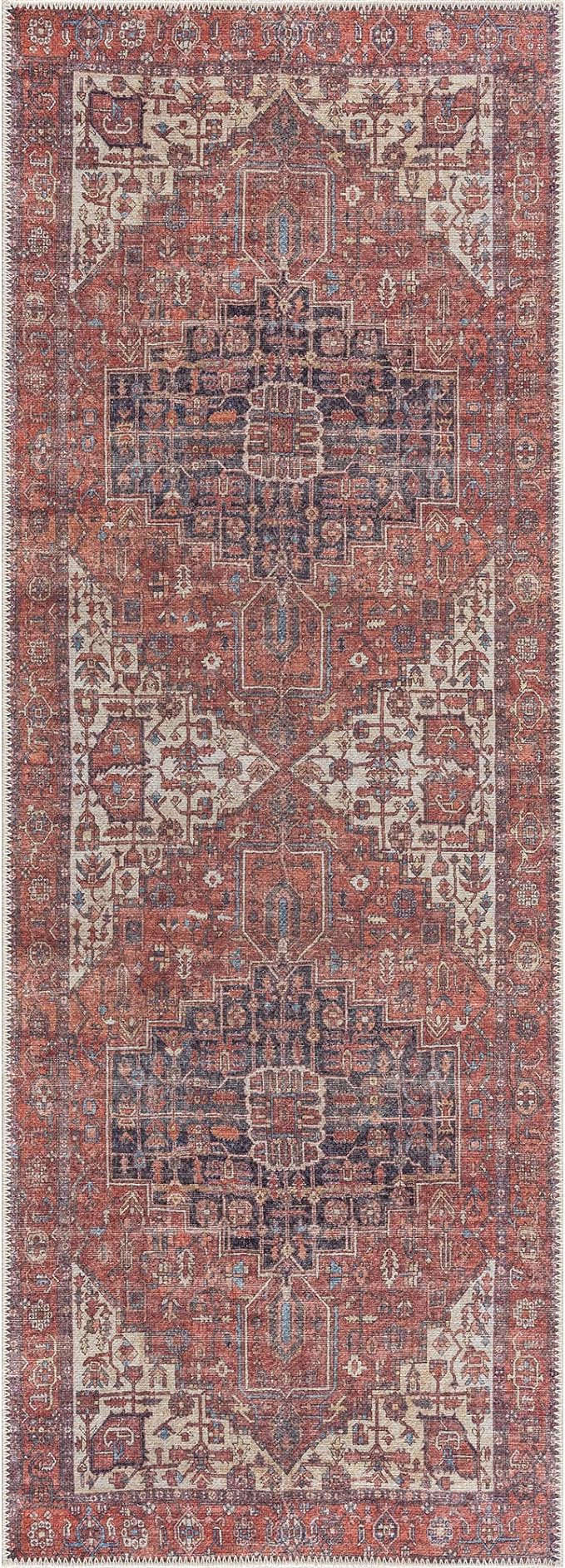 Bloom Rugs Washable 7 ft Runner - Red/Orange/Beige Traditional Runner for Entryway, Hallway, Bathroom, and Kitchen - Exact Size: 2.5' x 7'