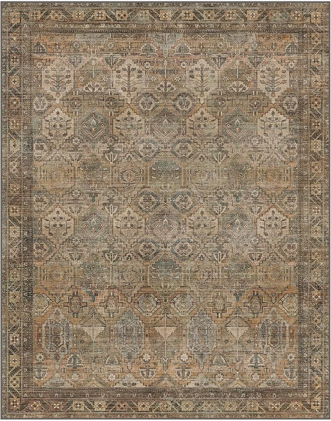 GENIMO 9x12 Area Rugs for Living Room, Machine Washable Non Slip Vintage Rugs, Low Pile Lightweight Chenille Print Rug for Bedroom, Dining Room, Home Office, Warm Taupe