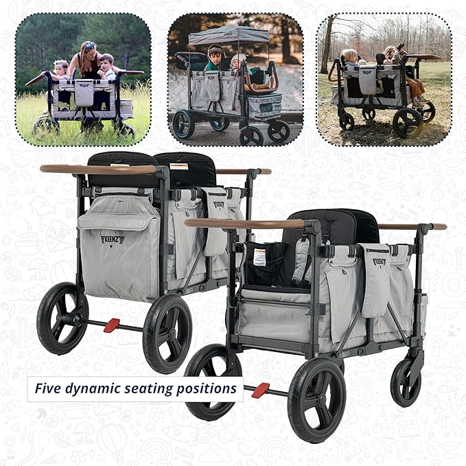 Keenz XC EVO - Luxury 2 Passenger Stroller Wagon for Kids | Foldable 2 Passenger Quad Seater with Adjustable Canopy | Gray