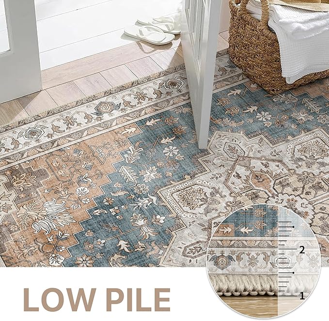 GENIMO 2x5 Runner Rugs for Hallway, Machine Washable Non Slip Vintage Rugs, Low Pile Lightweight Soft Print Rug for enrtyway, Corridor, Home Office, Kitchen, Blue Brown