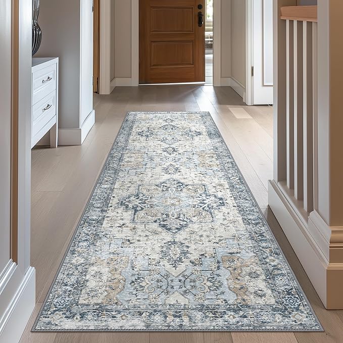 GENIMO Runner Rug 2'6''x10, Non Slip Vintage Hallway Runner Rugs, Low Pile Lightweight Machine Washable Mat for Hallway, Entryway, Bedroom, Kitchen and Corridor, Blue