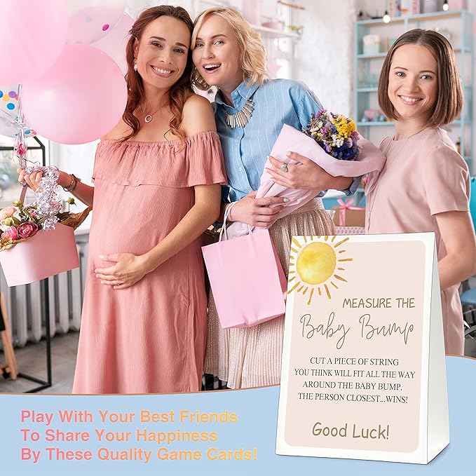 Measure the Baby Bump Baby Shower Game Set, 1 Standing Sign with 50 Guessing Cards, Boho Sunshine Gender Reveal Party Decorations Supplies - B06