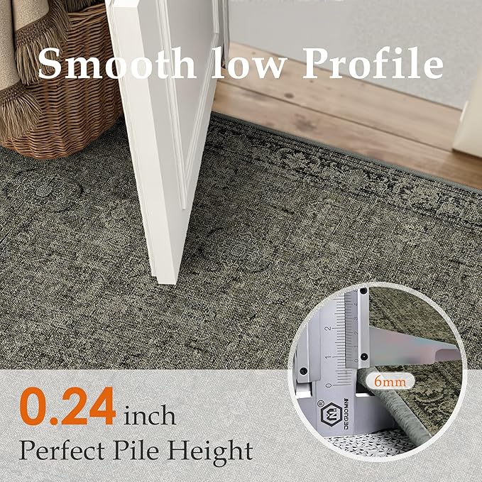 Vintage Area Rug 5x7 Washable Olive Brown Living Room Carpet Large Indoor Non Slip Bedroom Low Pile Kitchen Distressed Retro Accent Throw Rug for Dining Room