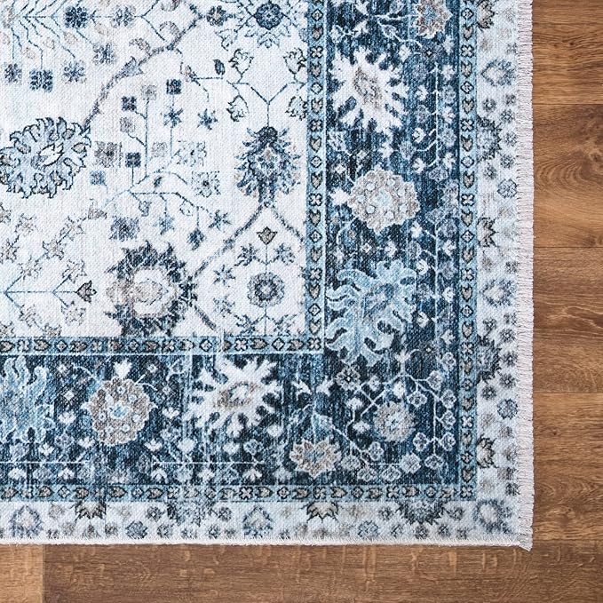 Bloom Rugs Caria Washable Non-Slip 10 ft Runner - Navy Blue Traditional Bordered Runner for Entryway, Hallway, Bathroom, and Kitchen - Exact Size: 2'6" x 10'