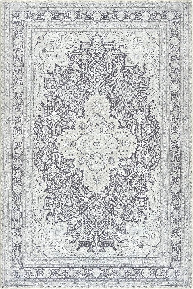 Bloom Rugs Washable Non-Slip 5' x 7' Rug - Charcoal Blue Traditional Medallion Area Rug for Living Room, Bedroom, Dining Room, and Kitchen - Exact Size: 5' x 7'