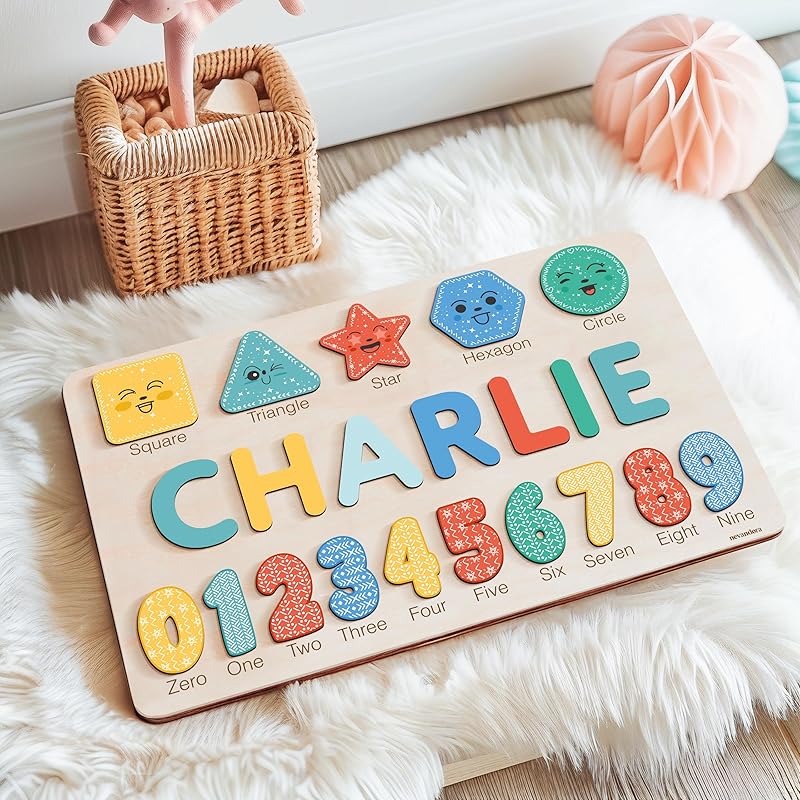 Personalized Wooden Name Puzzle with Numbers and Shapes, Custom Gift for Baby, 1st Christmas Gift, Newborn Gift, Baby Shower, 1st Birthday, Educational Toys for Toddlers, Preschool Puzzle for Kids