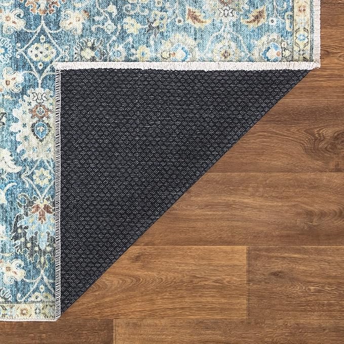 Bloom Rugs Caria Washable Non-Slip 10 ft Runner - Blue/Beige Traditional Runner for Entryway, Hallway, Bathroom, and Kitchen - Exact Size: 2'6" x 10'
