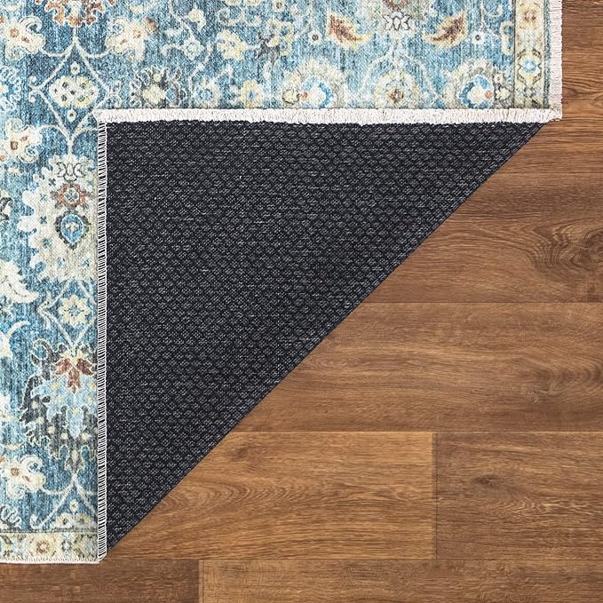 Bloom Rugs Caria Washable Non-Slip 7 ft Runner - Blue/Beige Traditional Runner for Entryway, Hallway, Bathroom, and Kitchen - Exact Size: 2'6" x 7'