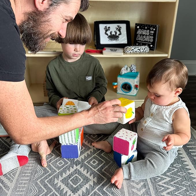 Quiggly Rainbow Soft Baby Blocks - 8 Colorful, Montessori Sensory Blocks for Babies & Toddlers- 100% Cotton, Non-Toxic Play Set with Rattle, Crinkle, Textures- Stacking Building Blocks for 3-12 Months
