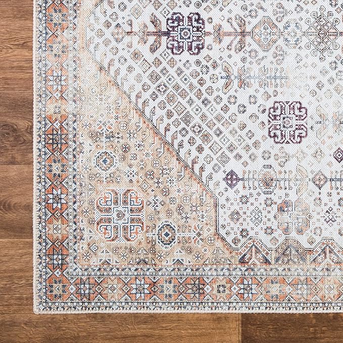Bloom Rugs Washable Non-Slip 10 ft Runner - Sand/Orange/Purple Traditional Medallion Runner for Entryway, Hallway, Bathroom, and Kitchen - Exact Size: 2.5' x 10'