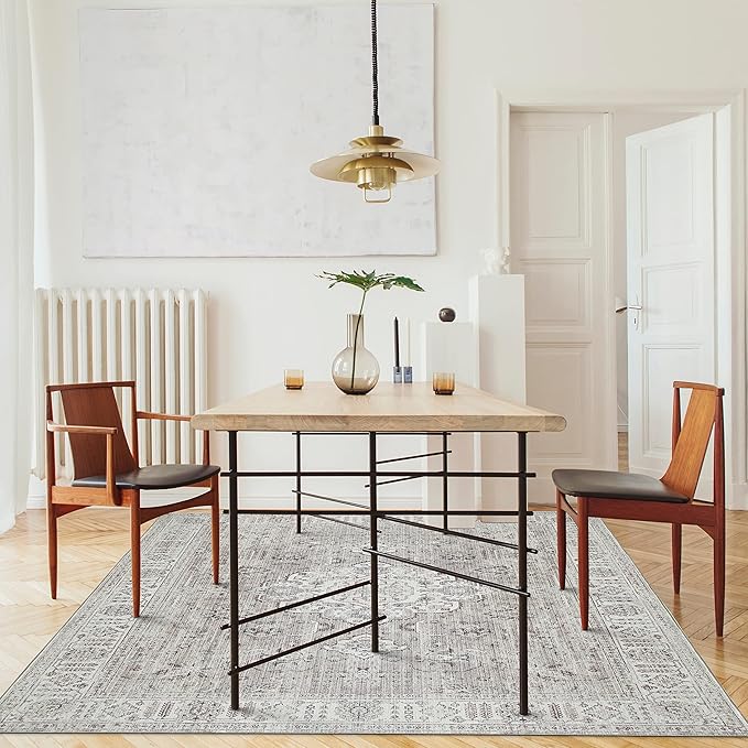 ReaLife Machine Washable Area Rug - Living Room Bedroom Bathroom Kitchen Entryway Office - Padded Low Pile Stain Resistant Premium - Boho Farmhouse Vintage - Ola - Beige 4' x 6'