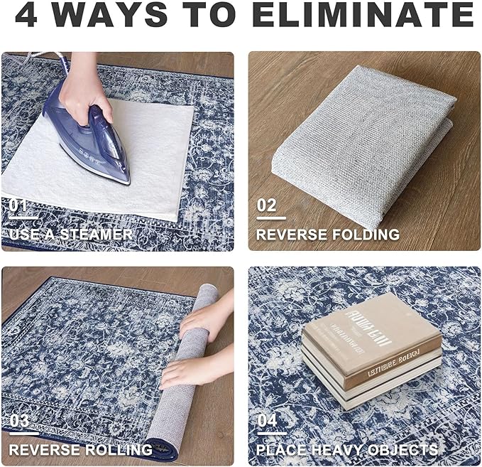 KILOCOCO Area Rug 3x5 Entryway Rug Washable Printed Vintage Floral Rubber Backed Non Slip Indoor Kitchen Rugs for Living Room Laundry Room Playroom Mudroom Moroccan Area Rugs, Blue