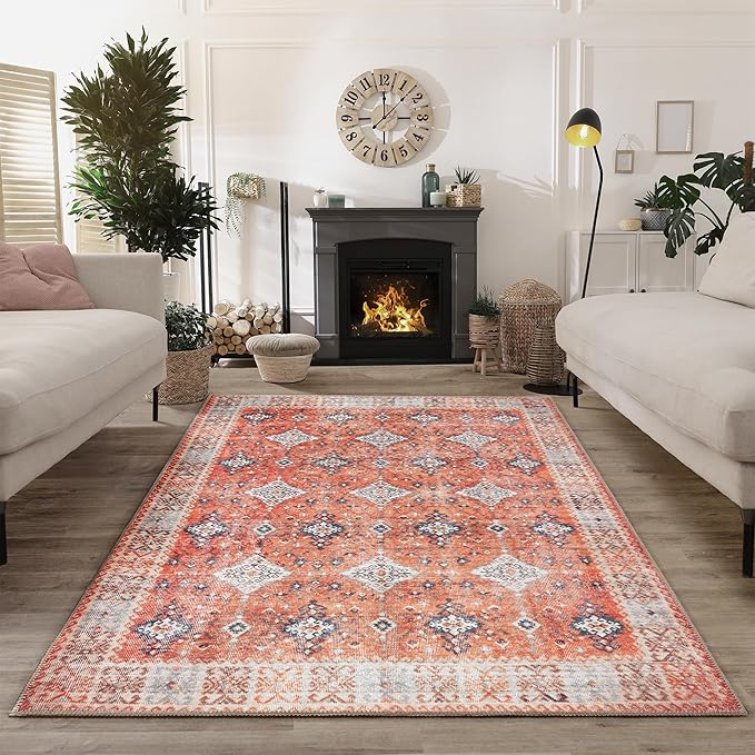 Bloom Rugs Washable Non-Slip 9' x 12' Rug - Orange Traditional Bordered Area Rug for Living Room, Bedroom, Dining Room, and Kitchen - Exact Size: 9' x 12'