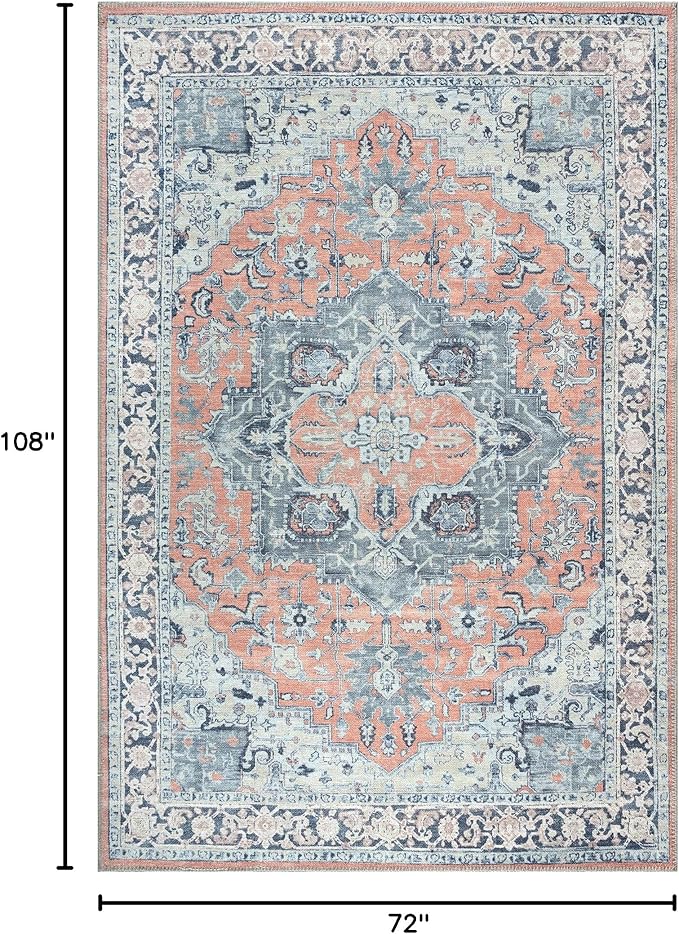 Bloom Rugs Washable Non-Slip 6' x 9' Rug - Coral/Blue Traditional Medallion Area Rug for Living Room, Bedroom, Dining Room, and Kitchen - Exact Size: 6' x 9'