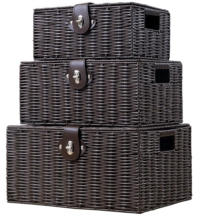 Set of 3 Woven Wicker Storage Basket Box with Lid & Lock, Built-in Carry Handles, Multifunctional Storage Organiser for Nursery, Baby, Clothes, Toys, Books, Large/Medium/Small Size (Brown)