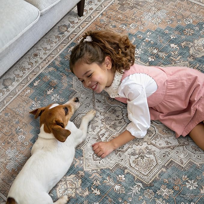 GENIMO 2x10 Runner Rugs for Hallway, Machine Washable Non Slip Vintage Rugs, Low Pile Lightweight Soft Print Rug for enrtyway, Corridor, Home Office, Kitchen, Blue Brown