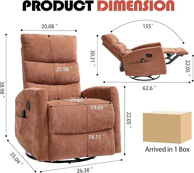 Manual Swivel Rocker Recliner Chair with Massage, Overstuffed Recliner Glider with Vibration Massage and Heat for Nursery, Living Room Reclining Sofa Chair, Fabric Orange