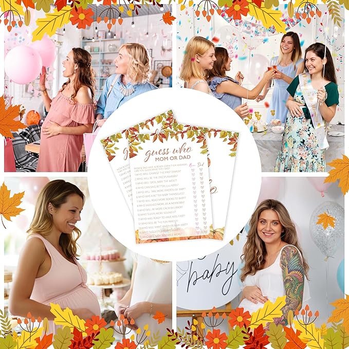 Fall Baby Shower Games, Guess Who Mom or Dad Game Cards, 5x7 in, Thanksgiving Baby Shower Party Favor Decorations Supplies - A03