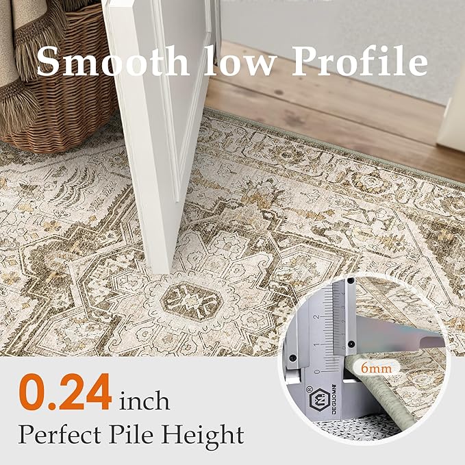 Brown Area Rug 9x12 Vintage Washable Distressed Living Room Carpet Large Indoor Non Slip Traditional Medallion Retro Low Pile Accent Throw Rug Bedroom Kitchen Office Dining Room