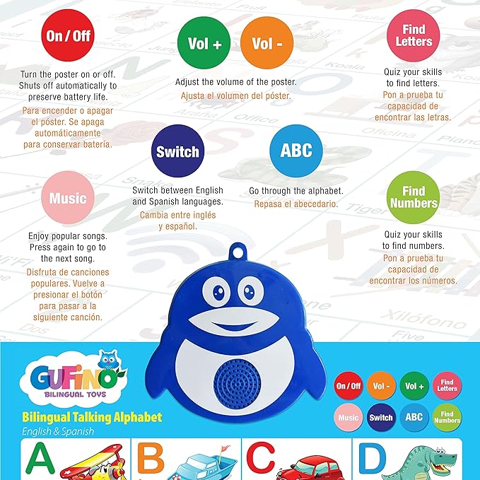 Gufino Alphabet Wall Chart - Bilingual Toys with Interactive Touch Buttons for Independent & Guided Learning - Ideal for Preschool Learning Activities & Spanish Classroom Supplies.