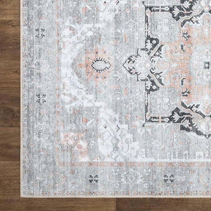 Bloom Rugs Washable Non-Slip 9' x 12' Rug - Gray/Coral Pink Traditional Area Rug for Living Room, Bedroom, Dining Room, and Kitchen - Exact Size: 9' x 12'