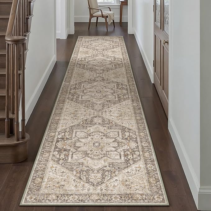 Taupe Brown Hallway Runner Rug 3x7 Vintage Washable Distressed Area Carpet Kitchen Indoor Non Slip Long Traditional Medallion Retro Accent Throw Rug for Bedroom Laundry Dining Living Room