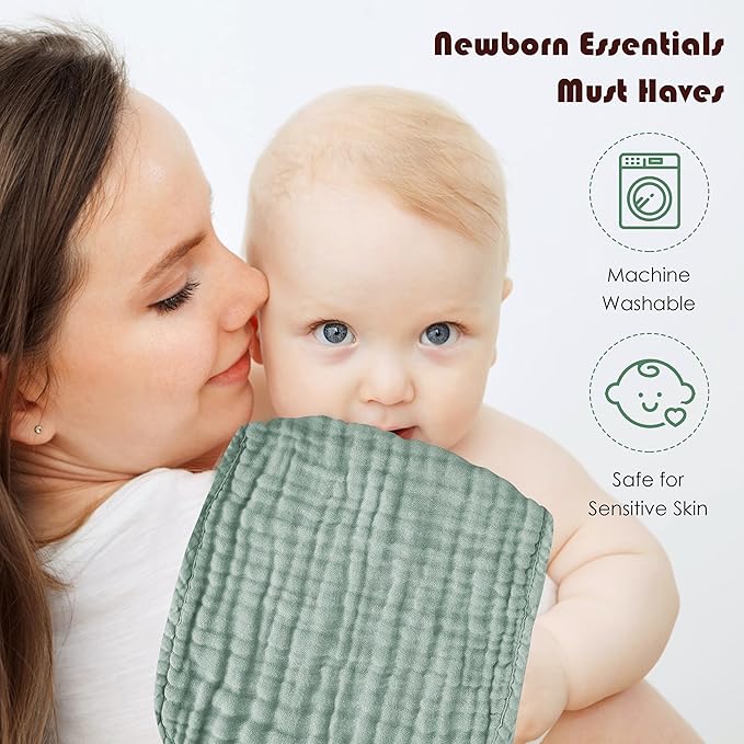 Muslin Burp Cloths 100% Cotton Large 20''x10'' Extra Soft and Absorbent Baby Wash Cloths Spit Up Rags - Baby Burping Cloth for Boys Girls Items(12 Pack Green)