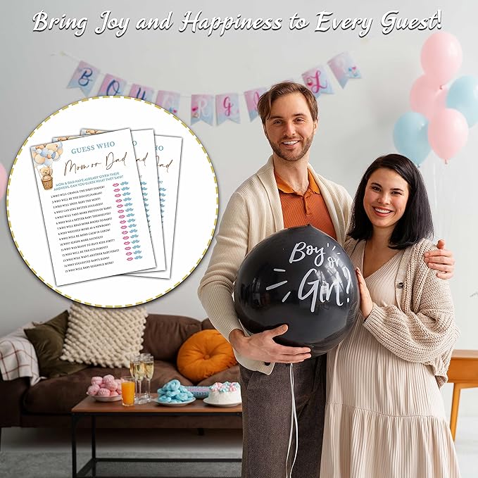 Bear Balloon 30 Guess Who Mom or Dad Game Cards, We Can Bearly Wait Gender Reveal Party Supplies Favors (5"x7") - E05