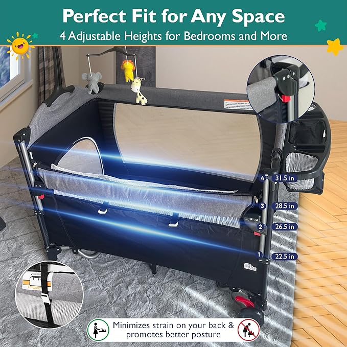 5 in 1 Baby Bassinet - Portable Crib, Bedside Sleeper, Diaper Changer, Playard & Travel Pack and Play Newborn to Toddler Carry Bag + Safety Strap Included