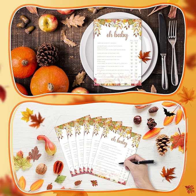 Oh Baby True Or False, Autumn Baby Shower Games Cards, Thanksgiving Boy or Girl Baby Gender Reveal Party Favors Decorations and Supplies, 25 Pcs Double-Sided - E04