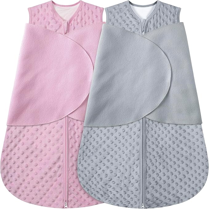 Fleece Newborn Sleep Sack Baby Swaddle,3-Way Adjustable Wearable Blanket,2 Pack Fleece Swaddling Sleeping Bag TOG 2.0, (Gray & Pink, 0-3 Months)