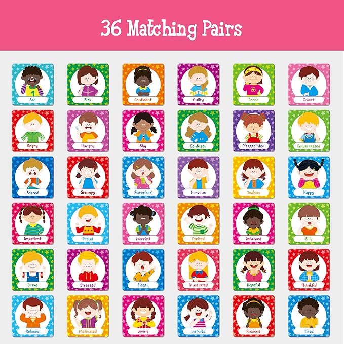 Hebayy 72 PCS Emotions Matching Game, 36 Pairs Feelings Memory Matching Cards Emotional Learning Activities Calm Down Corner Supplies for Baby Toddler Pre-K Preschool Kindergarten Autism ADHD