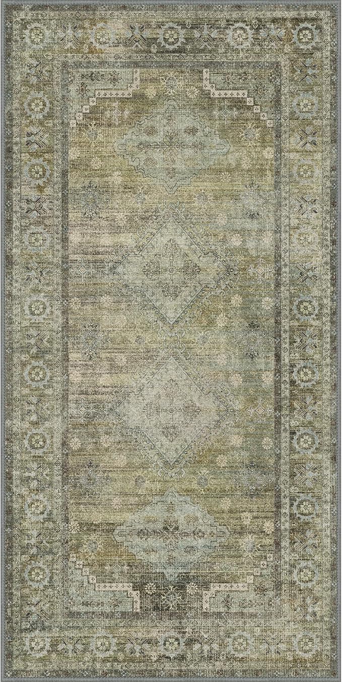 GENIMO Runner Rug 2x4 Non Slip Machine Washable Vintage Hallway Runner Rugs, Low Pile Lightweight Mat for Living Room, Entryway, Bedroom, Kitchen and Corridor, Distressed Sage