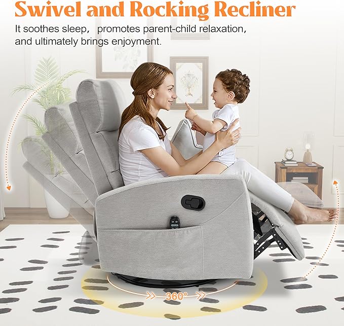 Manual Swivel Rocker Recliner Chair with Massage, Overstuffed Recliner Glider with Vibration Massage and Heat for Nursery, Living Room Reclining Sofa Chair, Fabric Light Gray