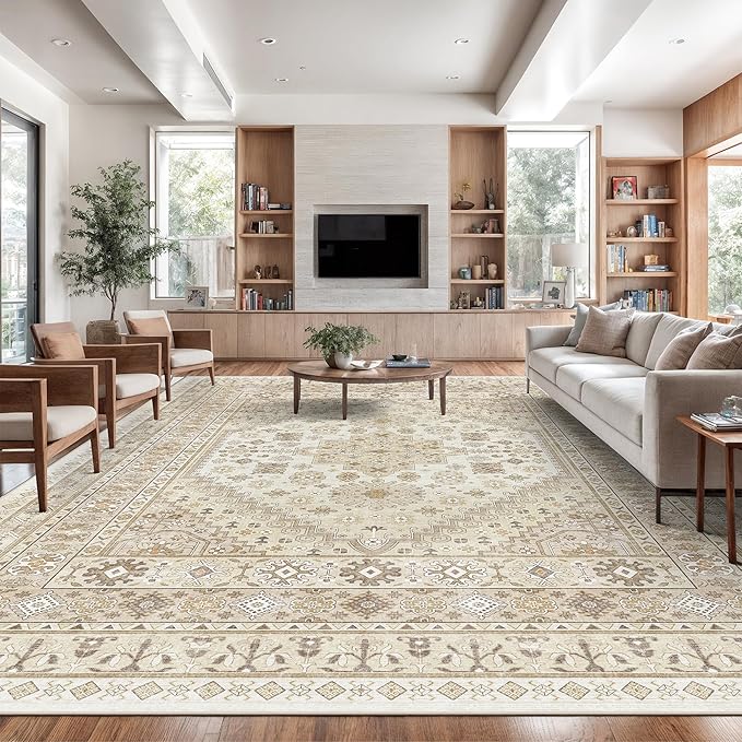 zesthome 12x15 Area Rugs, Large Washable Rug, Ultra-Thin Stain Resistant Rugs for Living Room, Bedroom, Non-Slip Backing Home Decor Area Rug (Cream/Beige,12'x15')