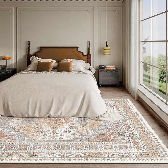 zesthome 7x9 Area Rug, Super Soft Washable Rugs for Living Room, Non-Slip Stain Resistant Vintage Rugs, Ultra-Thin Large Area Rugs (Orange,7'x9')