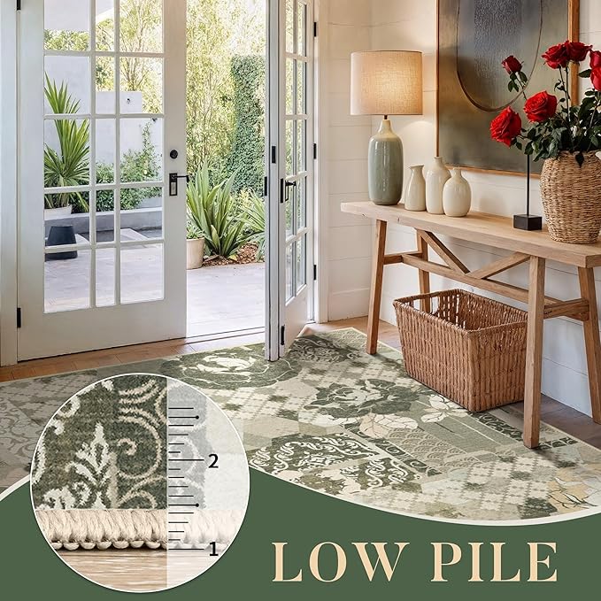 GENIMO 5X7 Floral Area Rugs for Living Room, Machine Washable Non Slip Vintage Patchwork Washable Rug, Ultra-Thin Low Pile Chenille Rugs for Bedroom, Dining Room, Taupe Gray