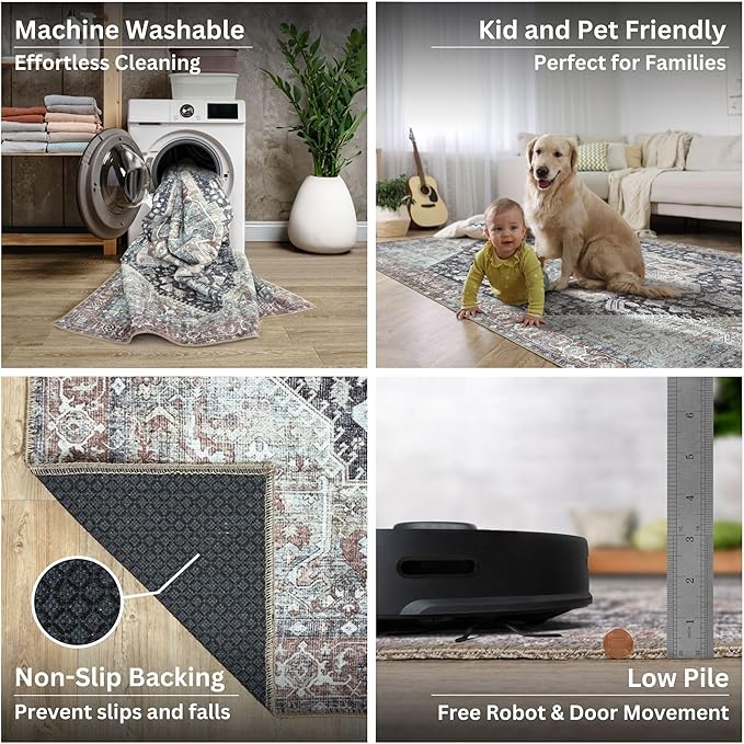 Bloom Rugs Washable Non-Slip 10 ft Runner - Charcoal/Brown Traditional Medallion Runner for Entryway, Hallway, Bathroom, and Kitchen - Exact Size: 2.5' x 10'