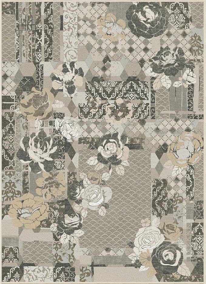 GENIMO 5X7 Floral Area Rugs for Living Room, Machine Washable Non Slip Vintage Patchwork Washable Rug, Ultra-Thin Low Pile Chenille Rugs for Bedroom, Dining Room, Taupe Gray