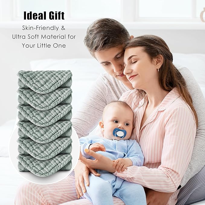 MOON PARK Baby Washcloths, 12 Pack - 12x12 Inches, Small Burp Cloths and Baby Wipes - 100% Cotton Muslin Ultra Soft for Newborn, Infant and Toddlers - Green