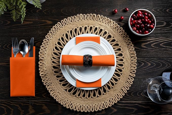 Linen-Feel Orange Paper Napkins - Decortive Cloth-Like Disposable Dinner Napkins - Soft And Absorbent Napkins for Thanksgiving, Party, Wedding, Bathroom Or Any Occasion. (Pack of 100)