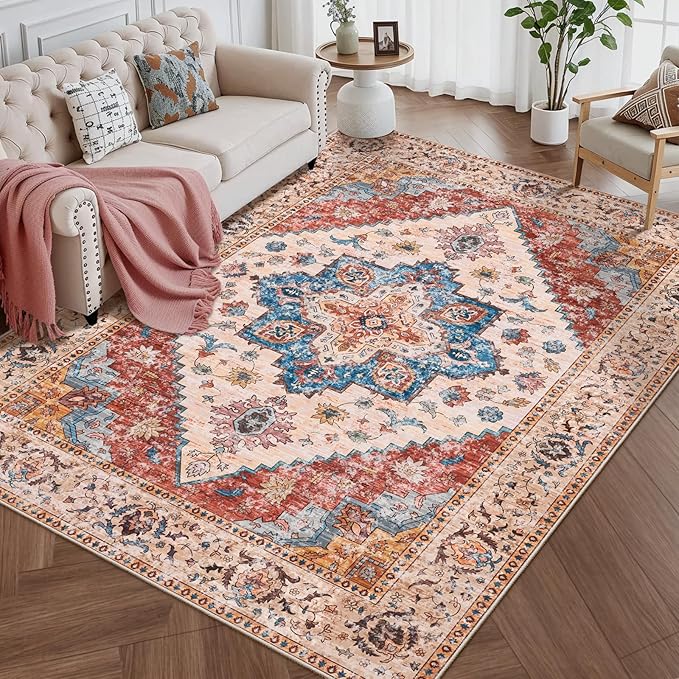 Ciicool 4x6 Rug, Washable Area Rug Boho Rugs for Living Room Non-Slip Indoor Rugs Low-Pile Mat Floor Carpet Vintage Rug for Bedroom Dinning Office Foyer Decor