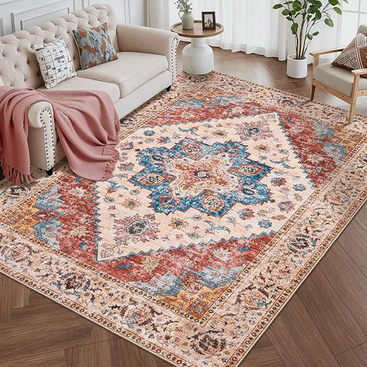 Ciicool 4x6 Rug, Washable Area Rug Boho Rugs for Living Room Non-Slip Indoor Rugs Low-Pile Mat Floor Carpet Vintage Rug for Bedroom Dinning Office Foyer Decor