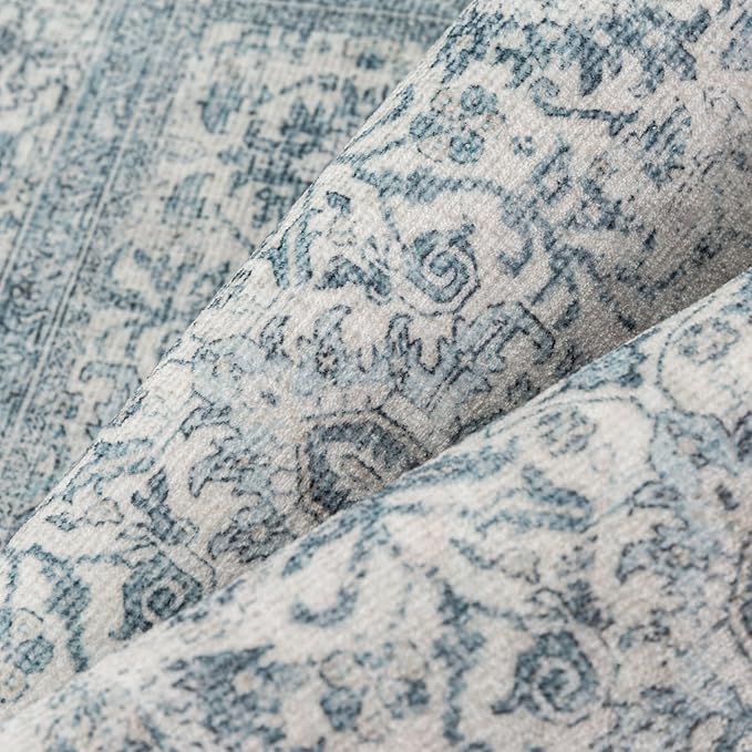 Vintage Area Rug 4x6 Blue Entryway Office Washable Carpet Non Slip Bedroom Indoor Living Room Door Mat Low Pile Traditional Distressed Retro Accent Rug for Dining Room Bathroom Kitchen