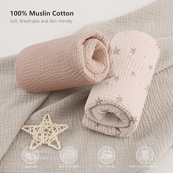 Bearmoss Muslin Mini Crib Sheets for Pack N Play Mattress - 100% Cotton - 38"x26" Soft Breathable Playard Baby Crib Sheets Neutral for Boys Girls - 2 Pack (Pink Star)