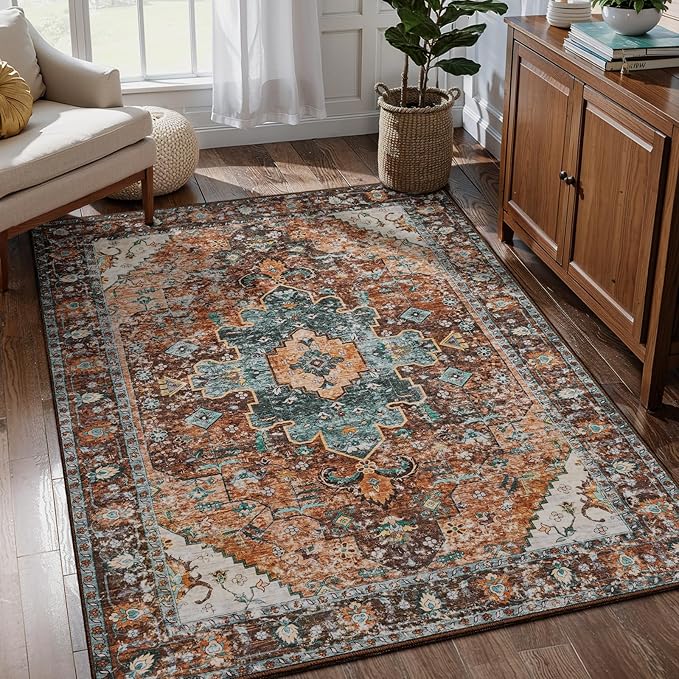 Ciicool Area Rug 5x7ft Washable Rugs for Living Room Non-Slip Indoor Rugs Large Low-Pile Mat Floor Carpet Vintage Rug for Bedroom Dinning Foyer Decor (Brick Red/Dull Teal)