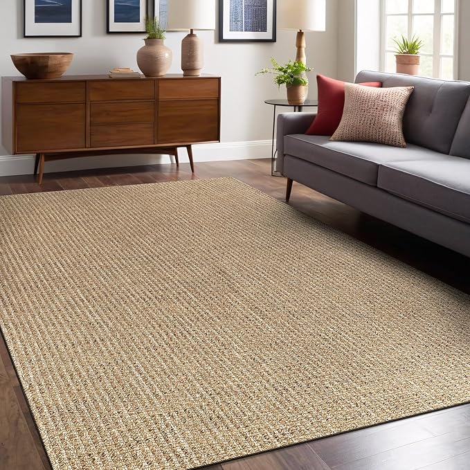 Easy Jute Rugs 6x9 Natural Color Living Room Indoor Outdoor Area Rug for Farmhouse Patio and Kitchen Rug High Traffic Washable Easy to Clean Solid Boho Woven Design Outside Carpet (6 x 9)