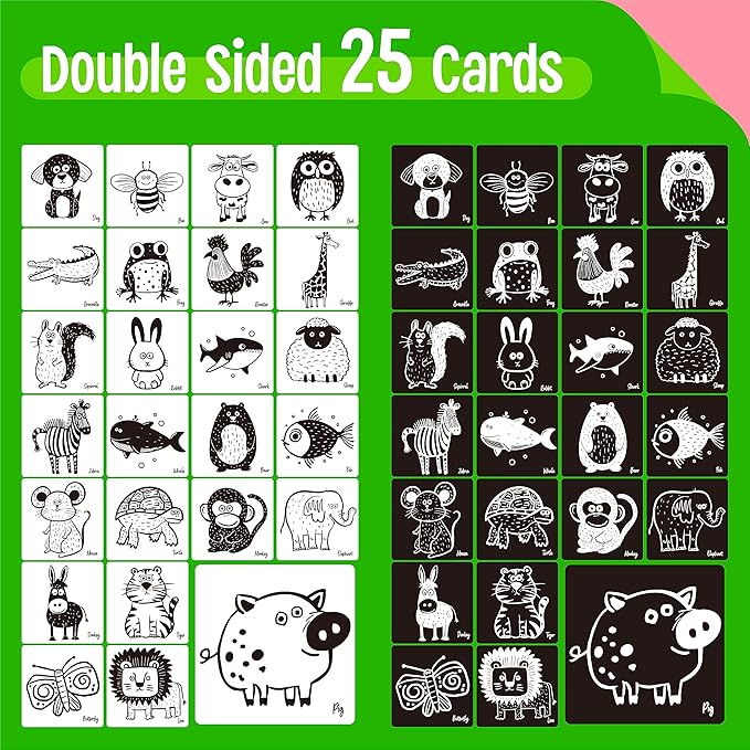 25 PCS Baby Visual Stimulus Cards, Double-Sided High Contrast Black and White Flashcards Sensory Developmental Montessori Cards Set for Newborn Boy Girl Baby 0-3 Months Tummy Time (5.5” X 5.5”)